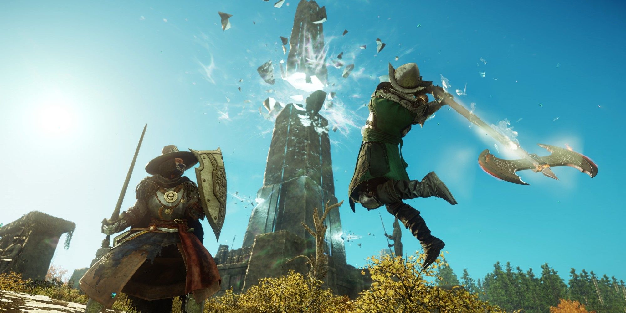 A player fights using a greataxe in New World