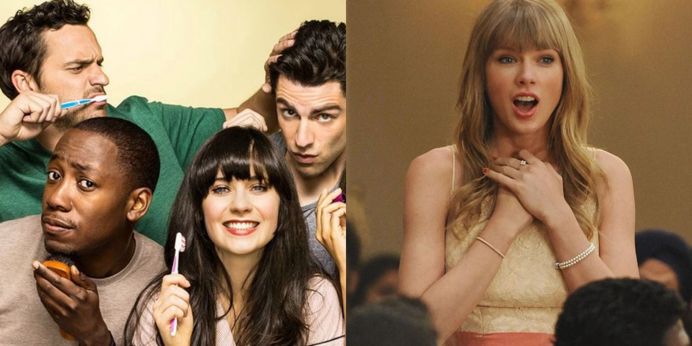 Split image of the New Girl gang and Taylor Swift
