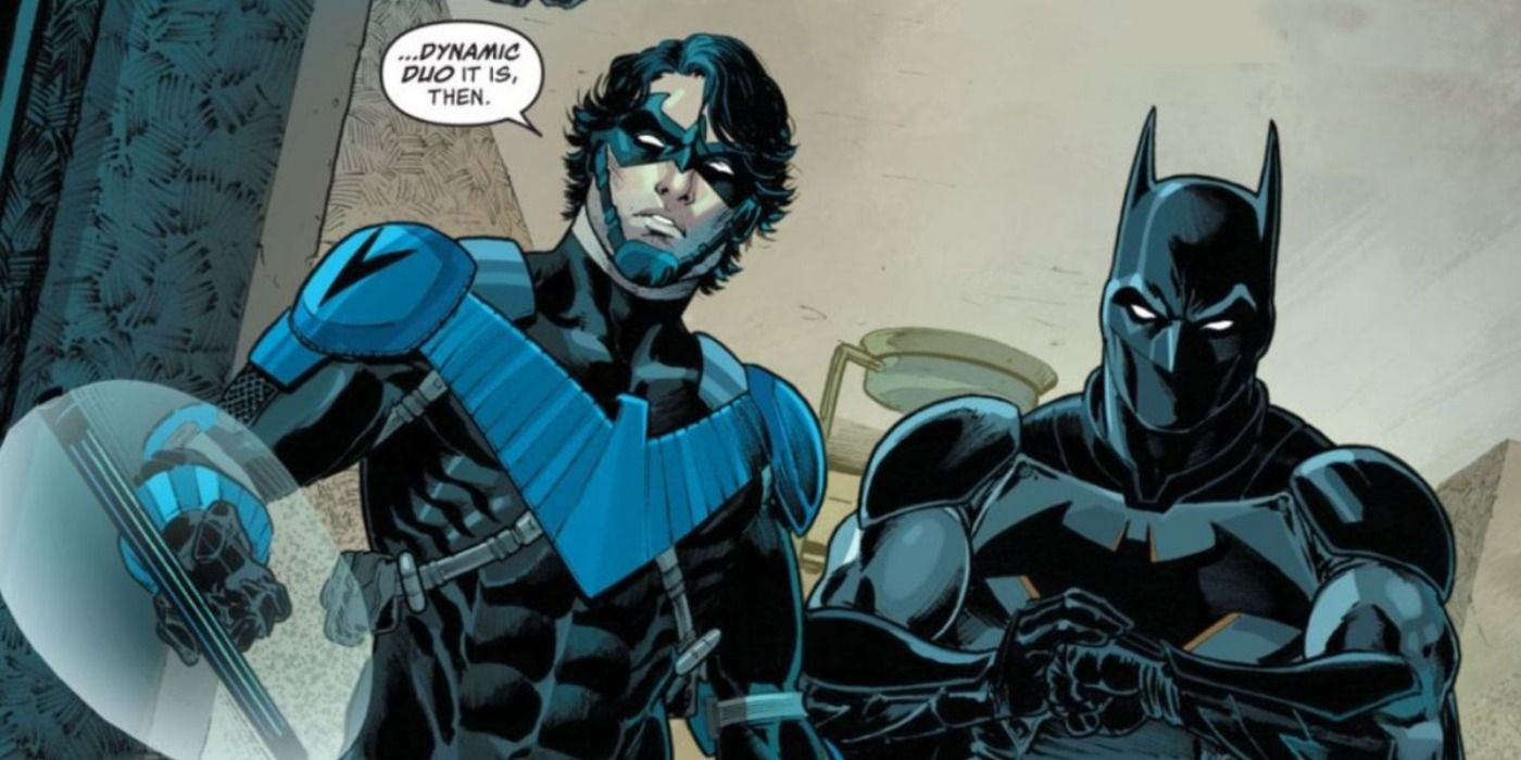 Nightwing and Batman walking.