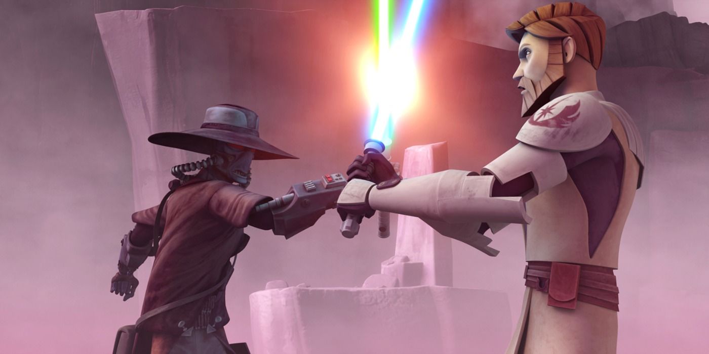 Cad Bane and Obi-Wan Kenobi fight ith Lightsabers on Teth in The Clone Wars