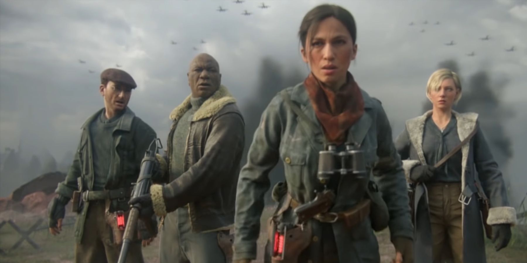 Olivia, Jefferson, Drostan, and Marie gazing at the airship in Call Of Duty WWII Nazi Zombies