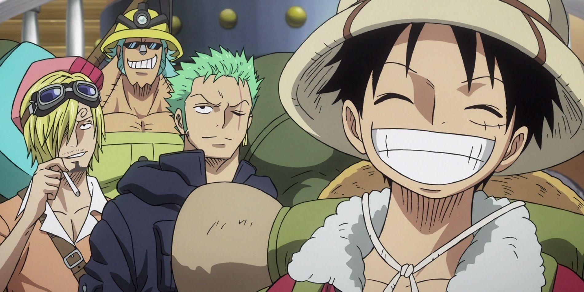 Luffy grins with his pirate crew behind him in One Piece: Heart of Gold