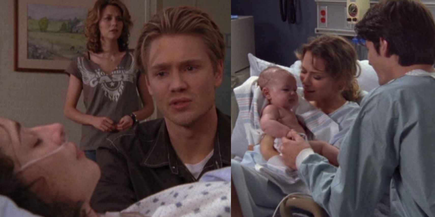 Lucas Scott (Chad Michael Murray) looking at his mom in the hospital; Nathan Scott (James Lafferty) and Haley James Scott (Bethany Joy Lenz) looking at their newborn son in &quot;One Tree Hill.&quot;