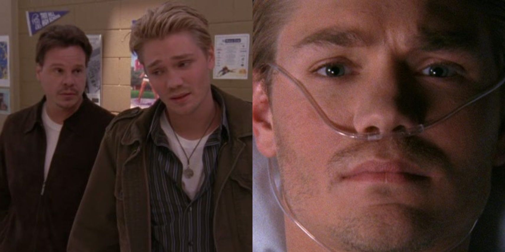Lucas (Chad Michael Murray) and Keith (Craig Sheffer) talking; Lucas opening his eyes in &quot;One Tree Hill.&quot;