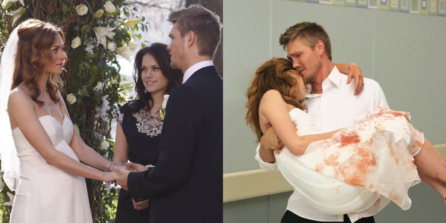 Peyton Sawyer (Hilarie Burton) and Lucas Scott's (Chad Michael Murray) wedding; Lucas carrying Peyton into the hospital in &quot;One Tree Hill.&quot;