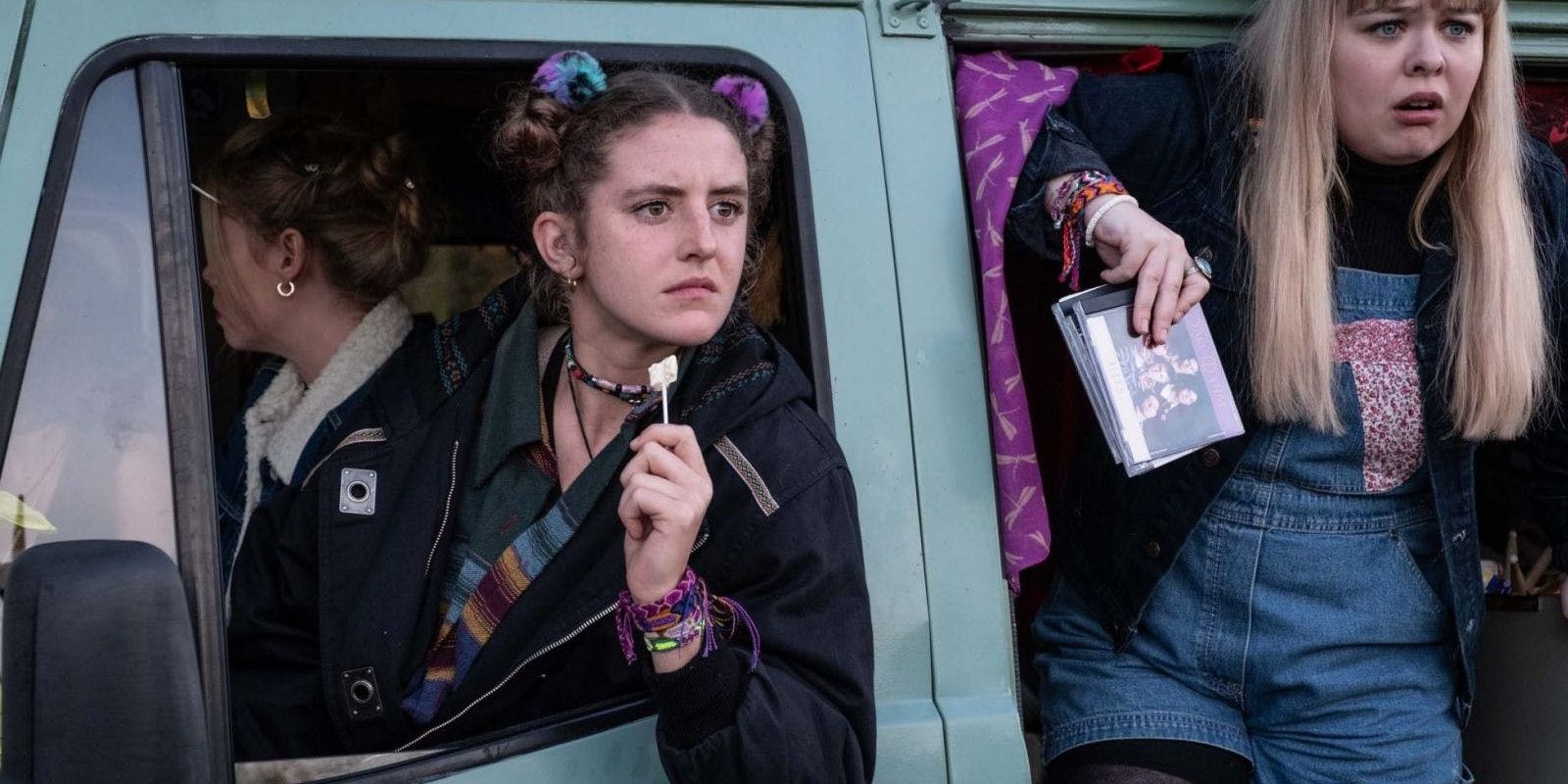 Orla and Claire in a minivan traveling to Belfast in a still from Derry Girls