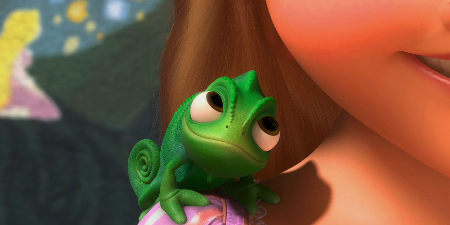 Pascal sat on Rapunzel's shoulder in Tangled