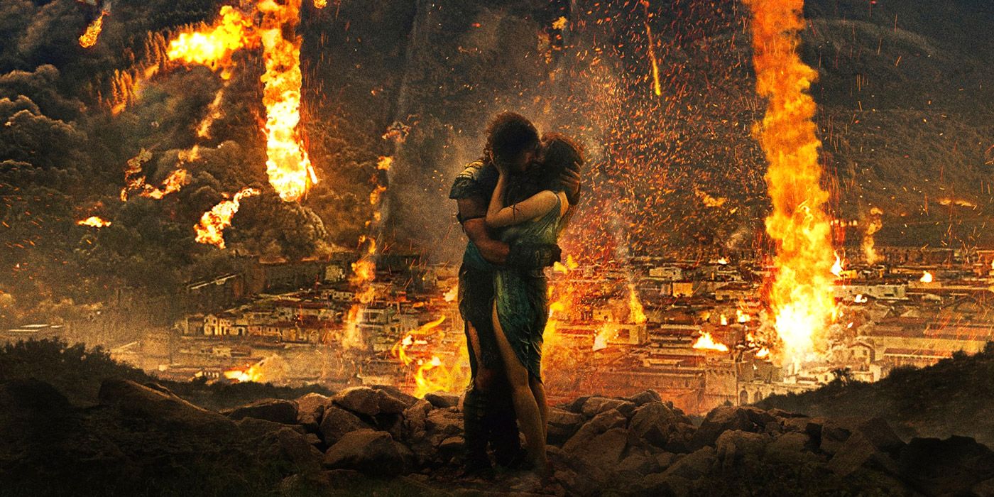 Lovers embrace as the fires of Pompei rain down