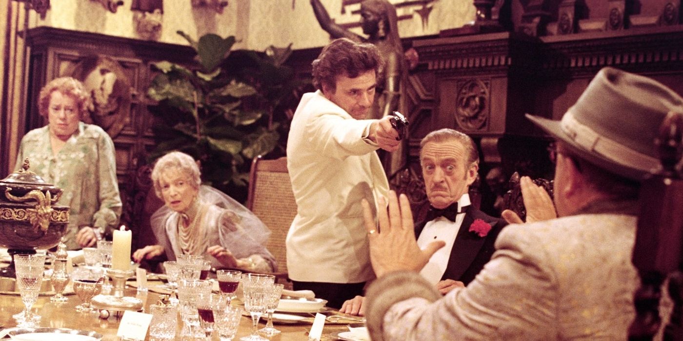 Detective Sam Diamond pointing a gun at his dinner host in the parody film Murder by Death