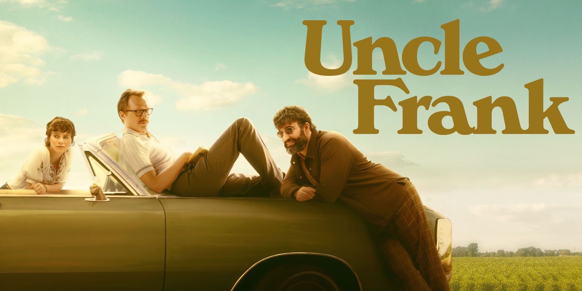 Peter Macdissi, Sophia Lillis, and Paul Bettany (sitting on top of a car) in Uncle Frank