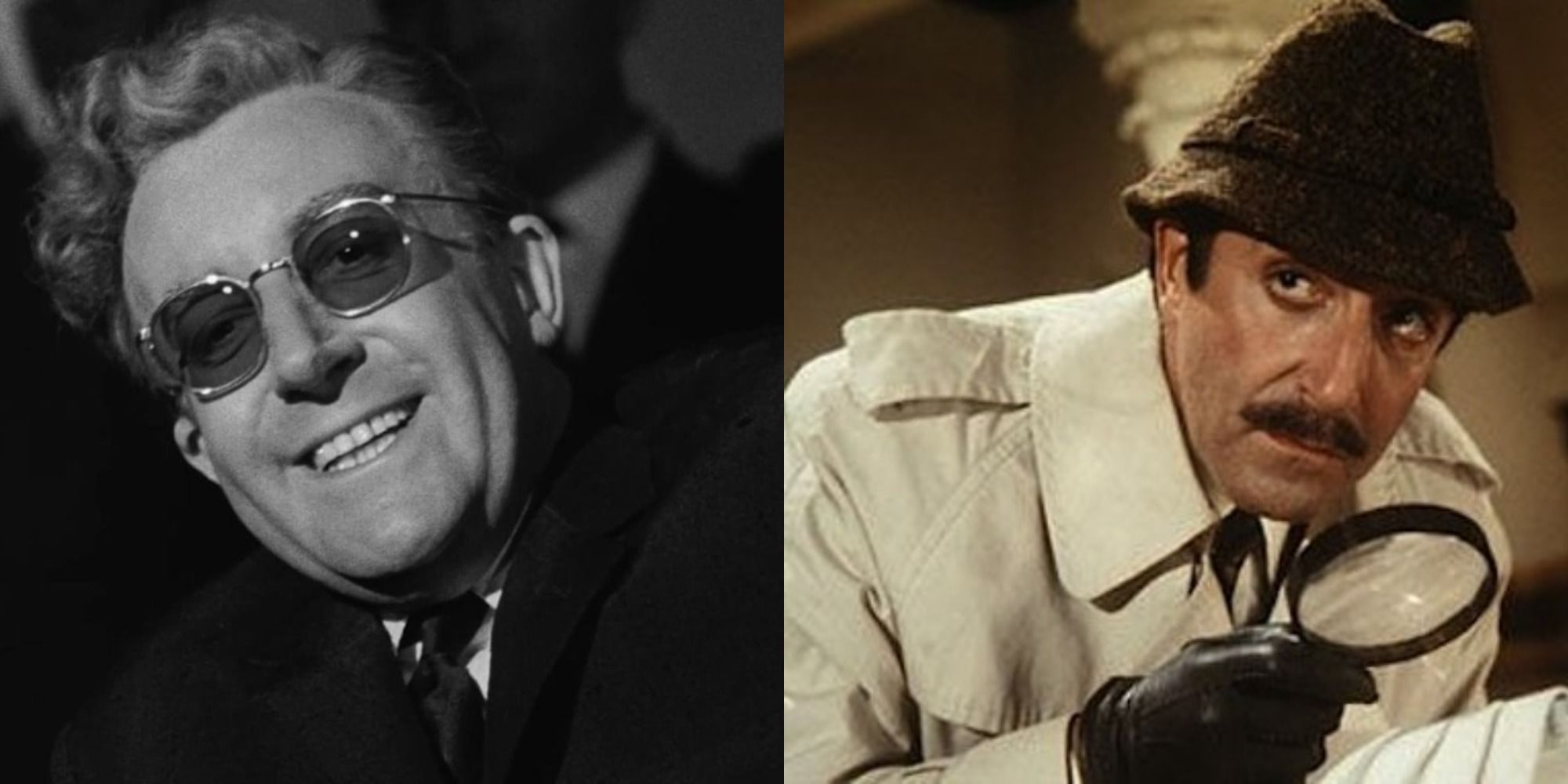 Split image depicting two iconic Peter Sellers roles, Sr Strangelove and The Pink Panther