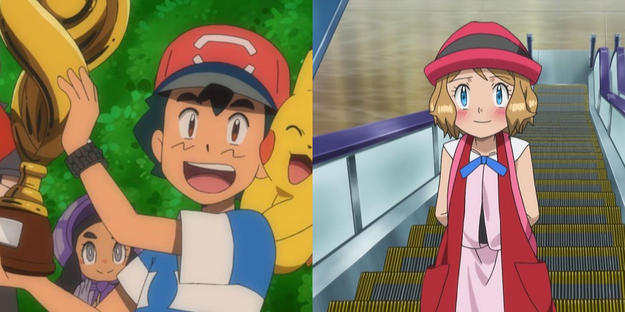 Ash and Piachu looking happy/Serena at bottom of stairs in Pokemon