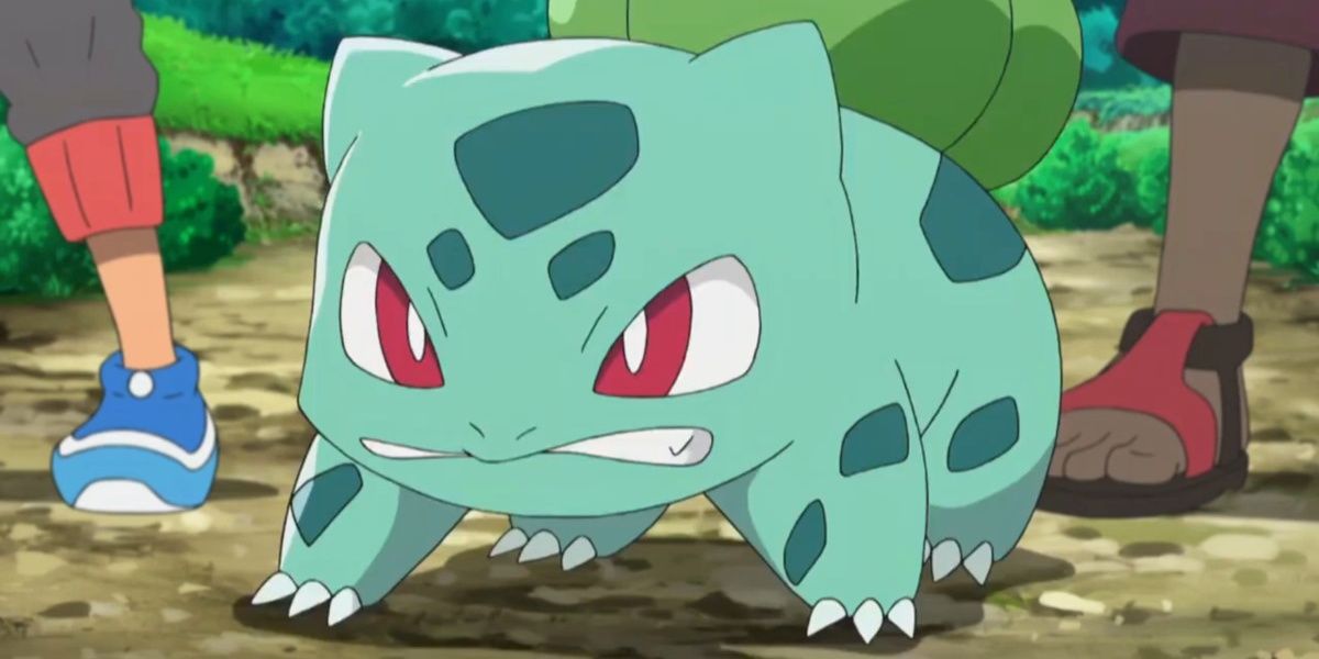 Ash's Bulbasaur looking angry in the Pokémon anime