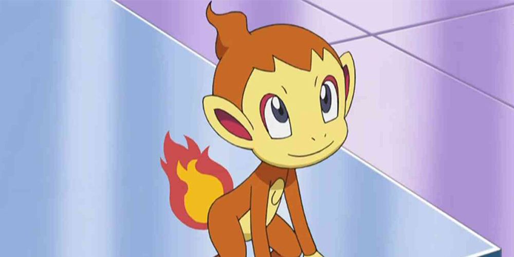 Chimchar smiling and looking up in the Pokémon anime