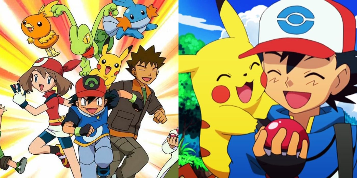 Split image of the pokemon anime with their trainers