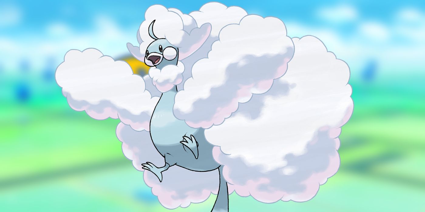 Mega Altaria poses in front of a field and sky background in Pokemon Go