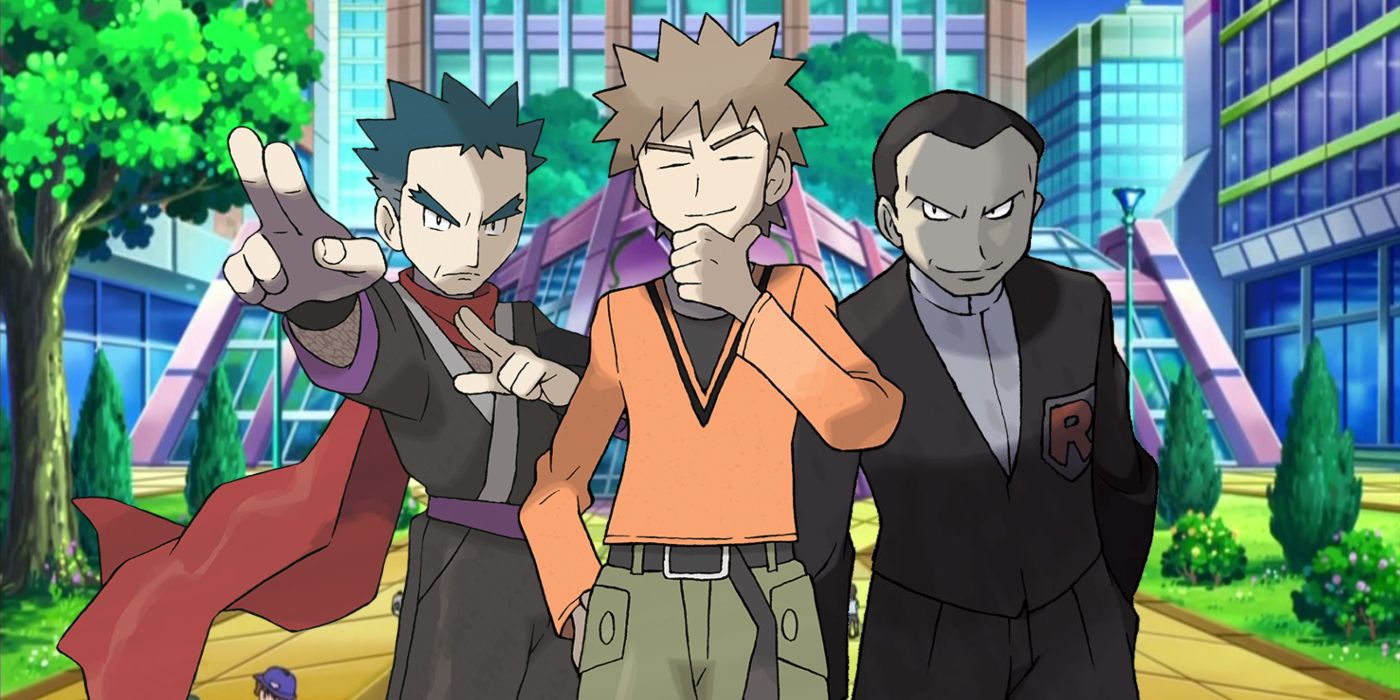 Three Pokémon gym leaders, including Gen 1's iconic Giovanni, in a Pokémon anime city street.