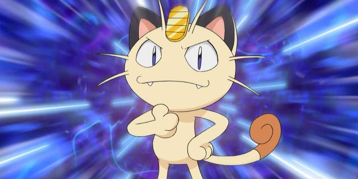 Meowth with his hand on his chin in the Pokémon anime