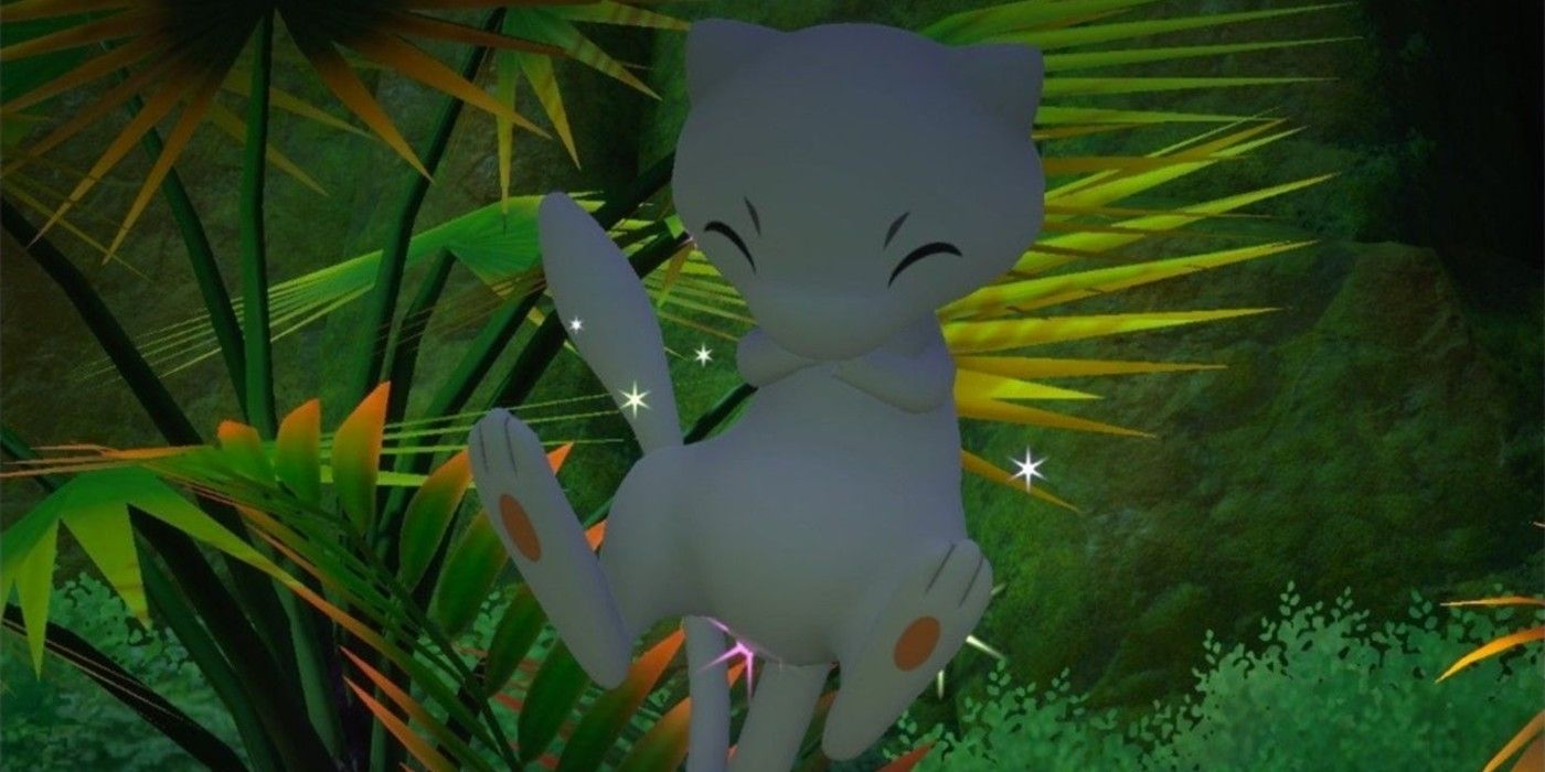 Mew sleeps on some leaves in the Jungle in New Pokémon Snap