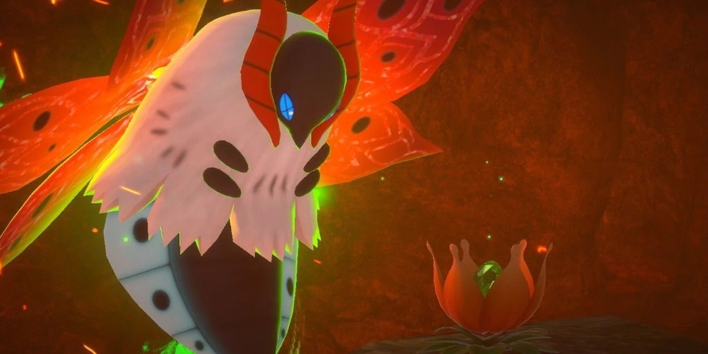 A Volcarona in Fireflow Volcano Illumina Spot in New Pokémon Snap