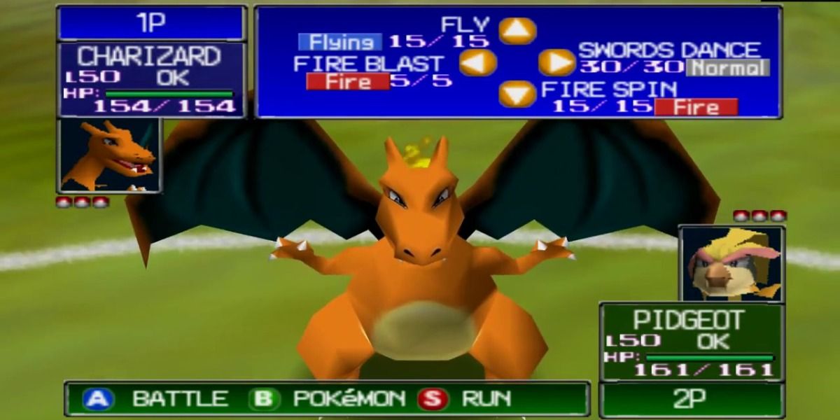 Pokémon Stadium turn-based battle gameplay with Charizard against a Pidgeot.