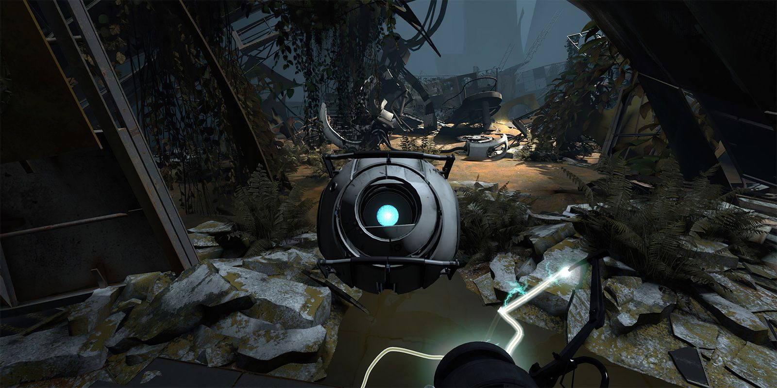 Wheatley being held by the player in Portal 2.