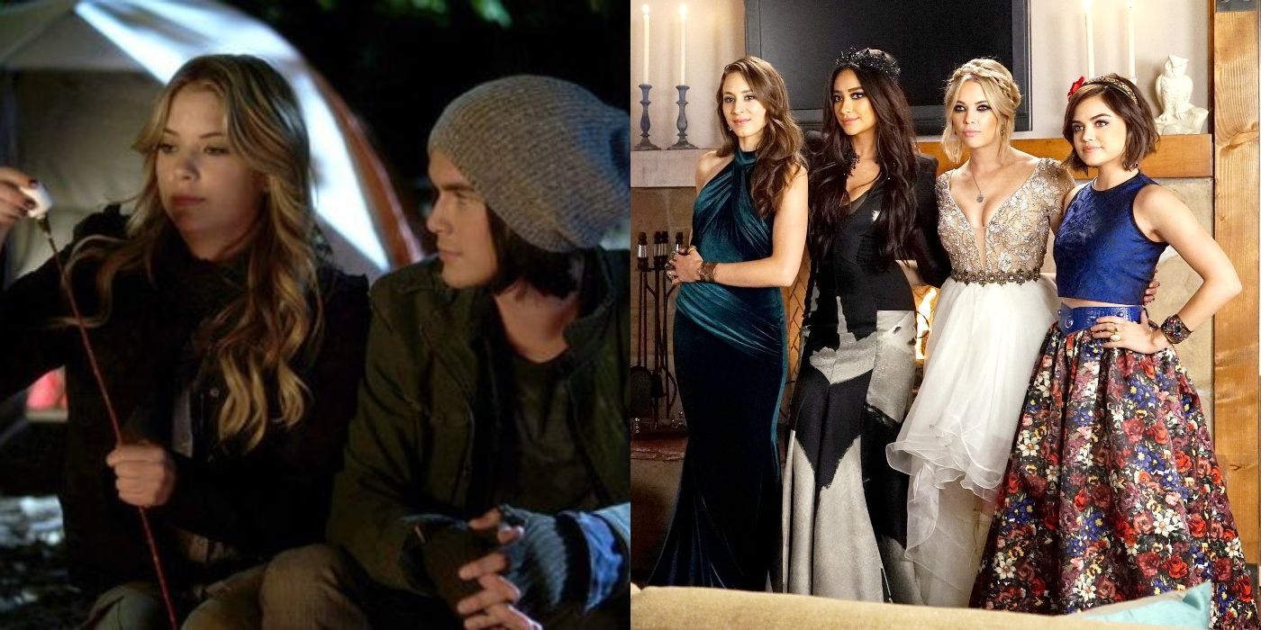 Hanna and Caleb camping and Spencer, Emily, Hanna, and Aria wearing prom dresses Pretty Little Liars featured image