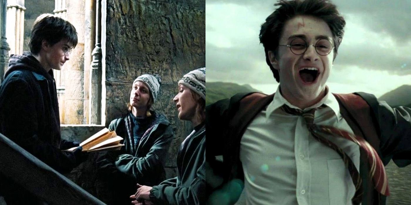 Prizoner Azkaban split image Harry getting the map and flying Buckbeak