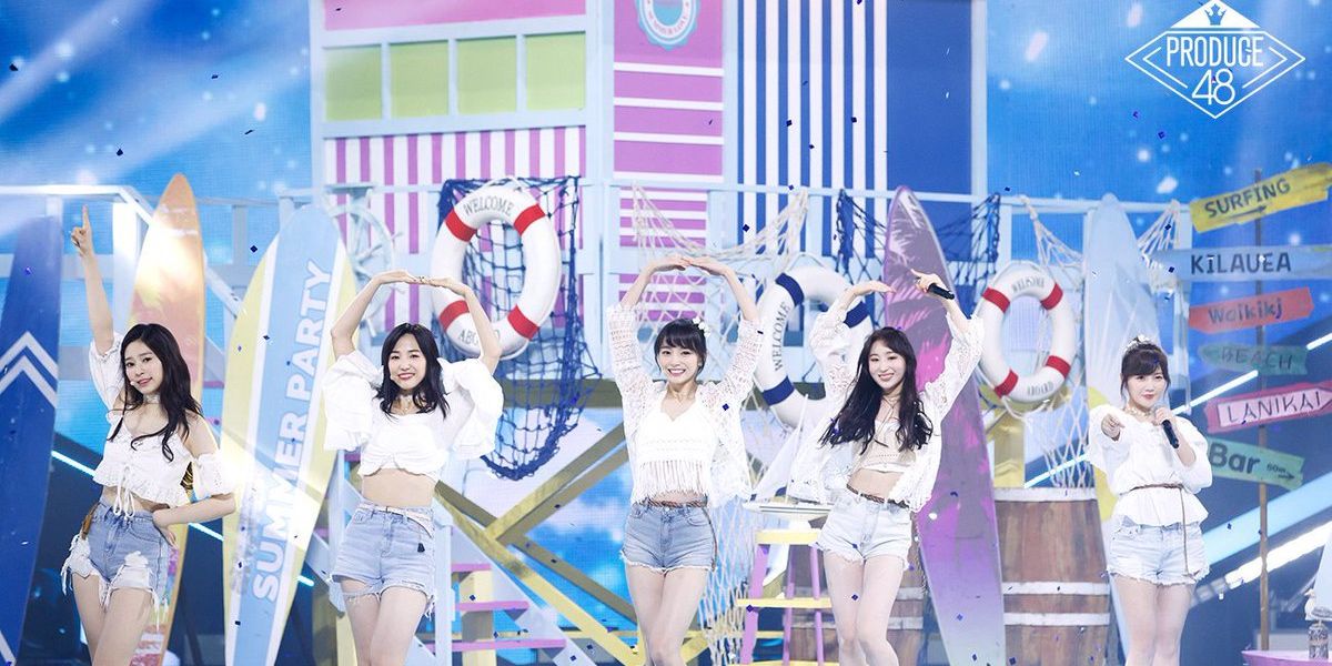 Female girl group contestants on stage in Produce 48