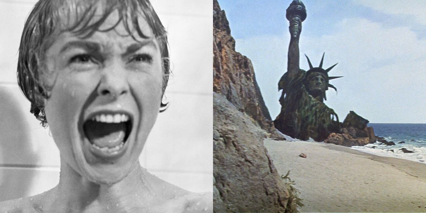 Side by side images of Janet Leigh screaming in the shower in Psycho and the statue of liberty at the end of Planet of the Apes