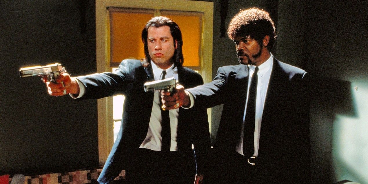 John Travolta and Samuel L Jackson pointing guns in Pulp Fiction
