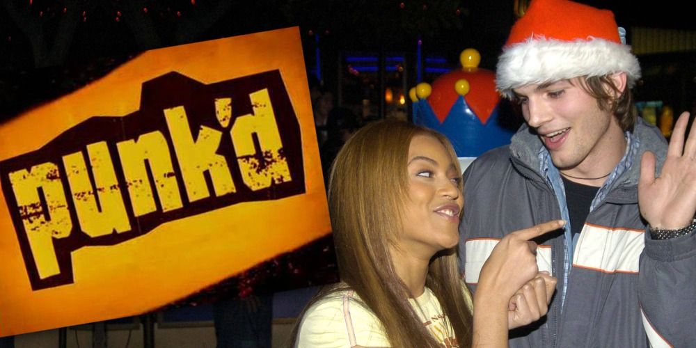 Beyonce and Ashton Kutcher standing next to a Punk'd sign laughing 