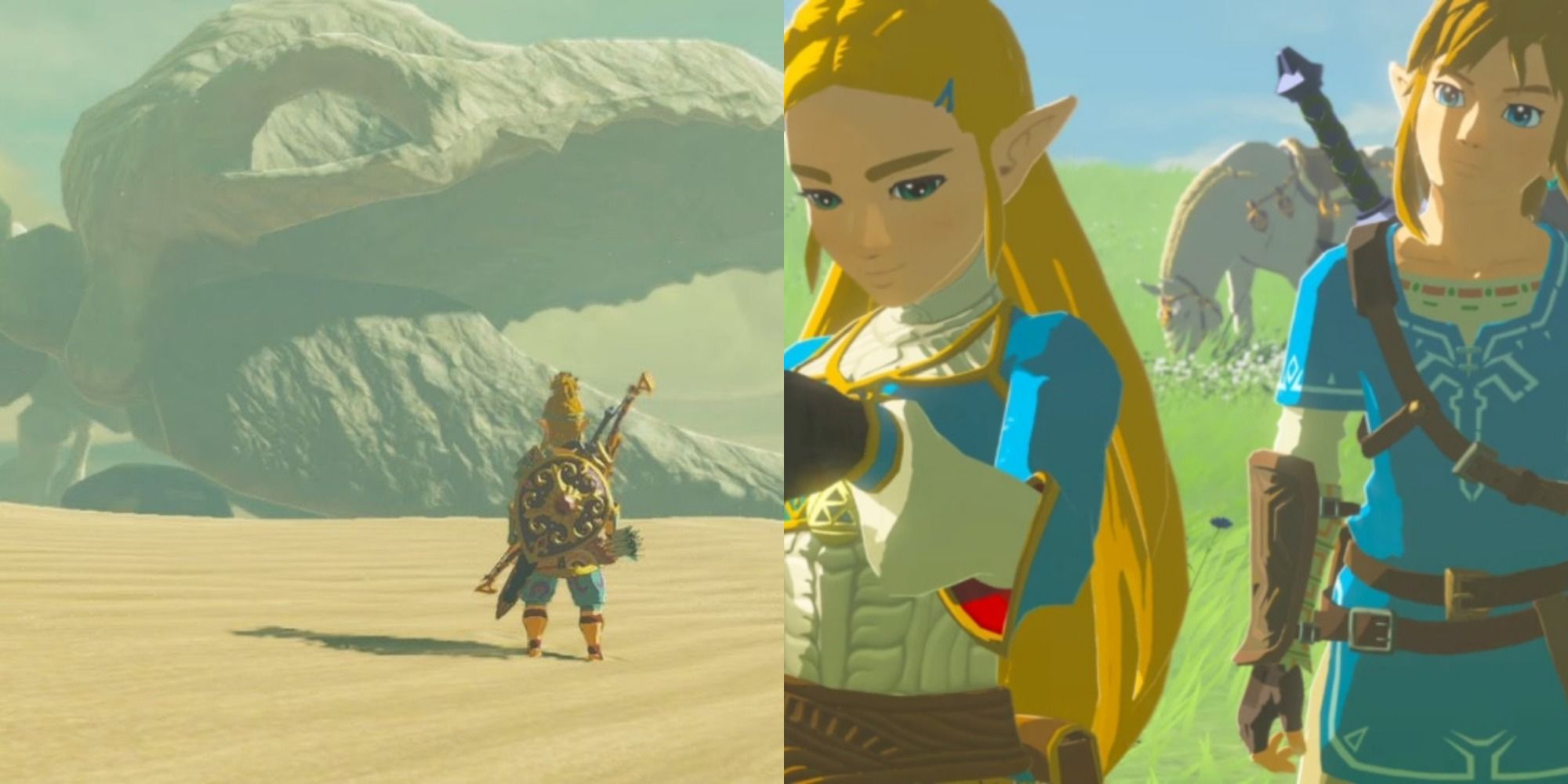 Split image of gameplay from Zelda Breath of the Wild