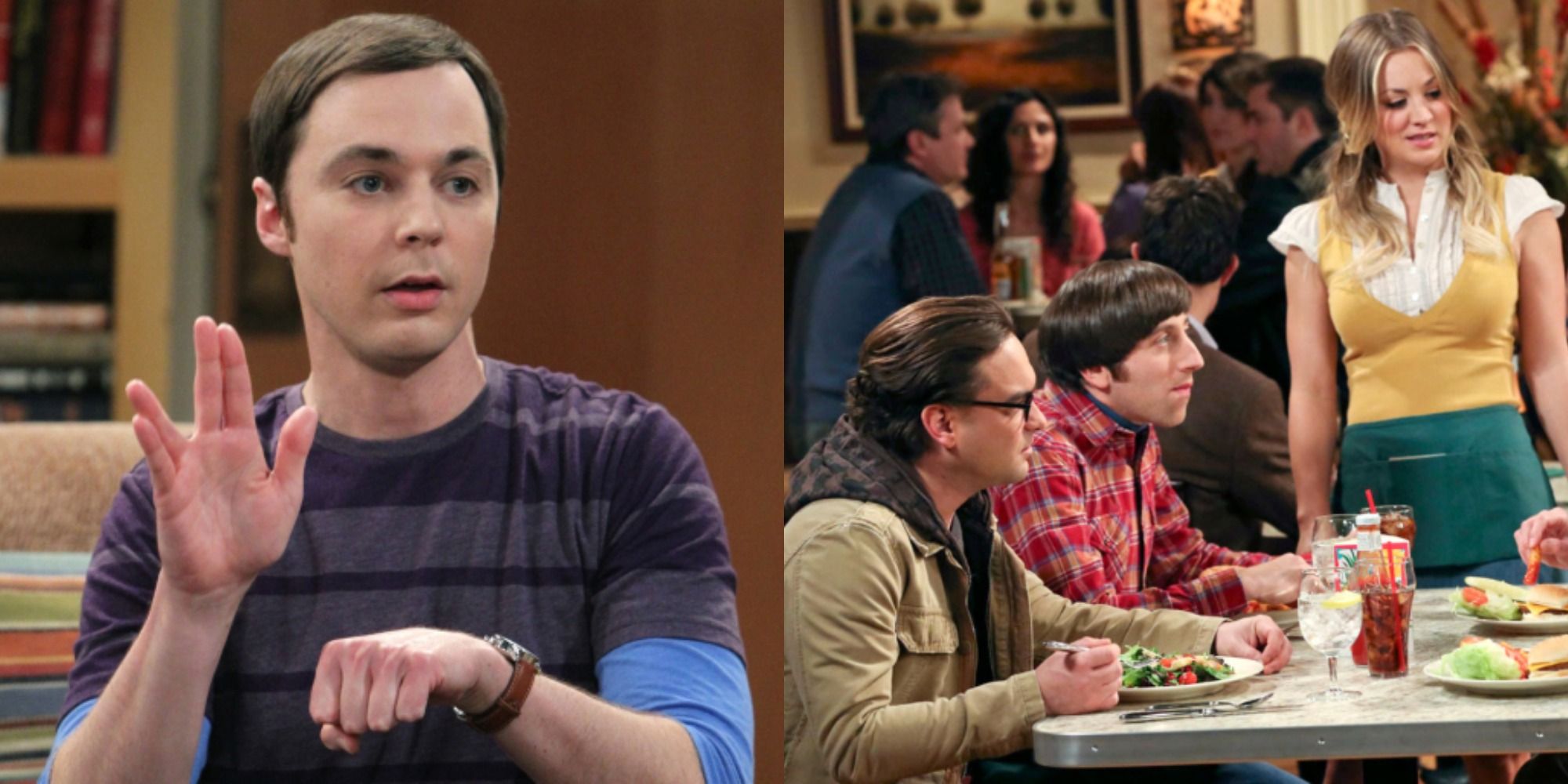 Two side by side images from TBBT, one Sheldon and the other, the gang.