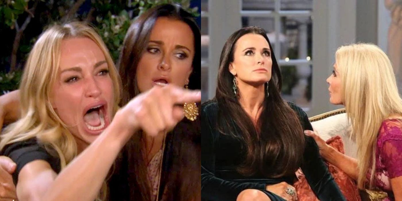 Taylor Armstrong pointing and crying and Kim and Kyle sitting together RHOBH featured image