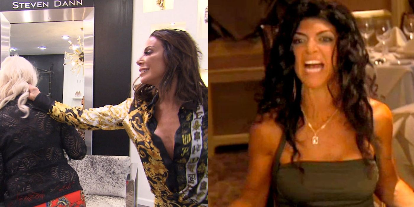 Danielle pulling Margaret's ponytail and Teresa flipping table on RHONJ Featured Image
