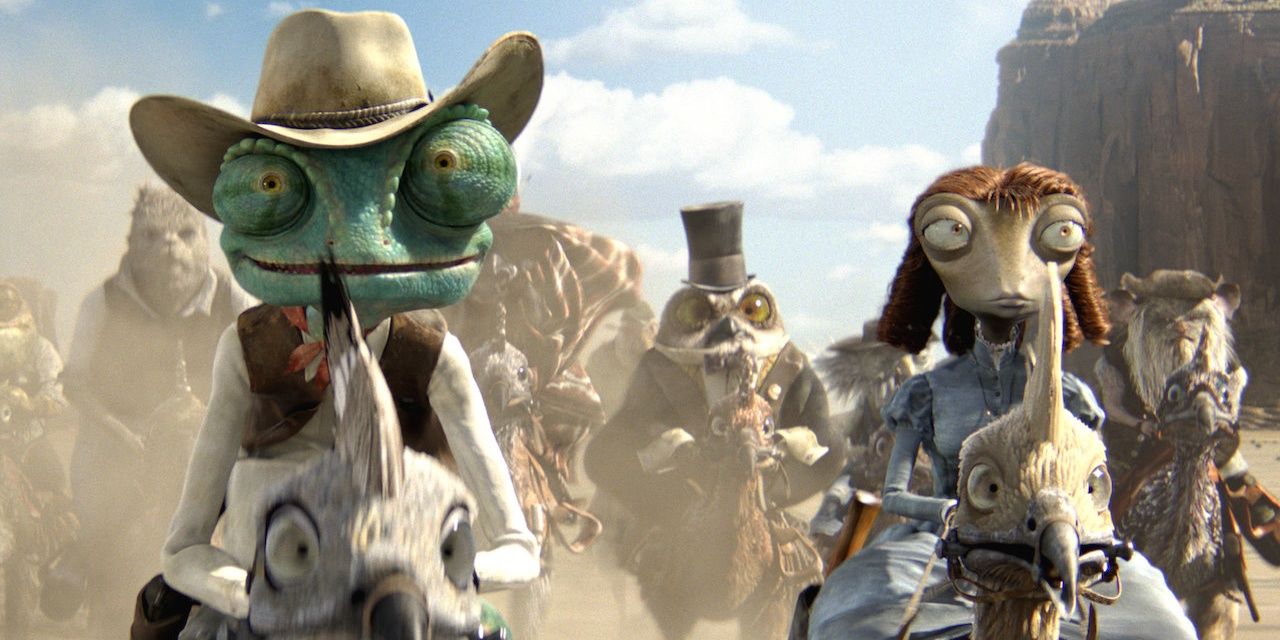 Rango, Beans, and several others are riding on birds towards the camera