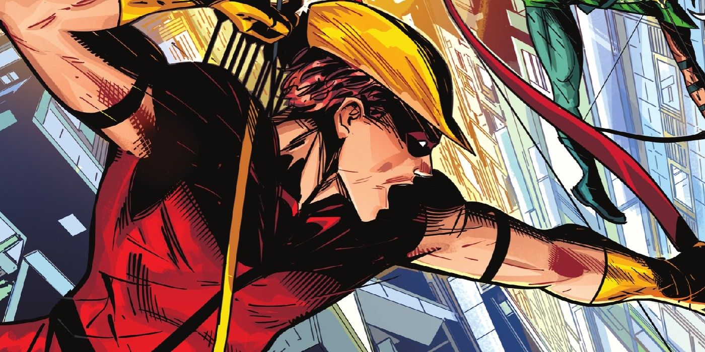 Arsenal pointing his bow and arrow in DC comics