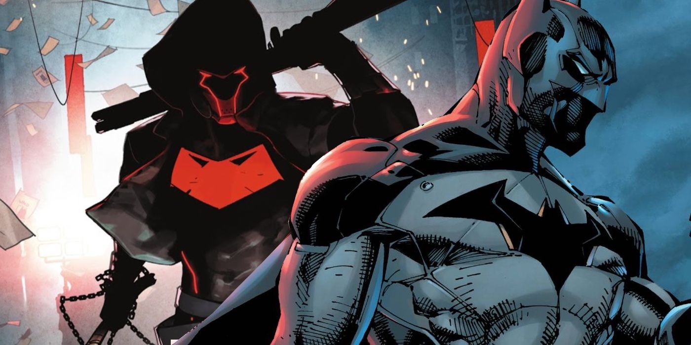 Split image showing Red Hood and Batman