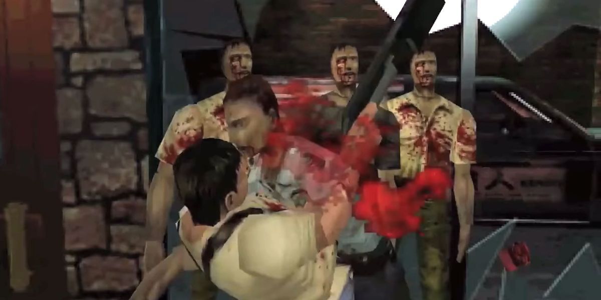 Zombies attack the gun shop owner in Resident Evil 2.