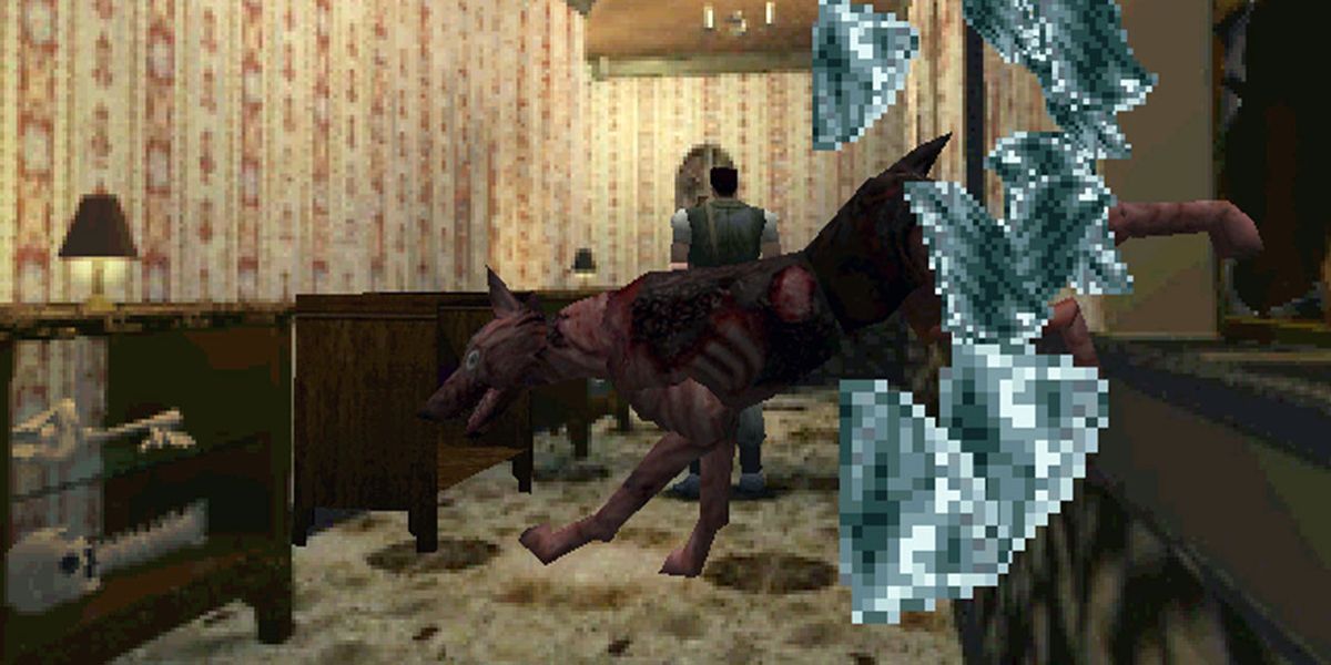 Zombie dog bursts through a window in Resident Evil.