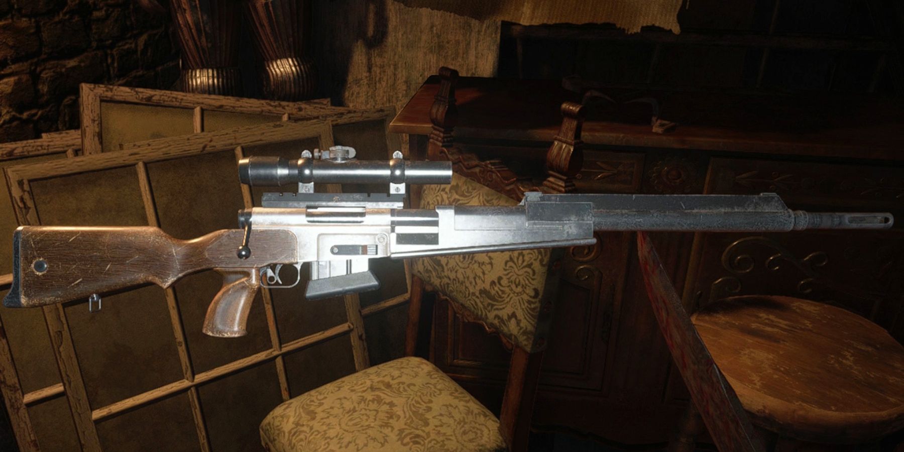 Arma Resident Evil Village F2 Sniper sendo encontrada na história