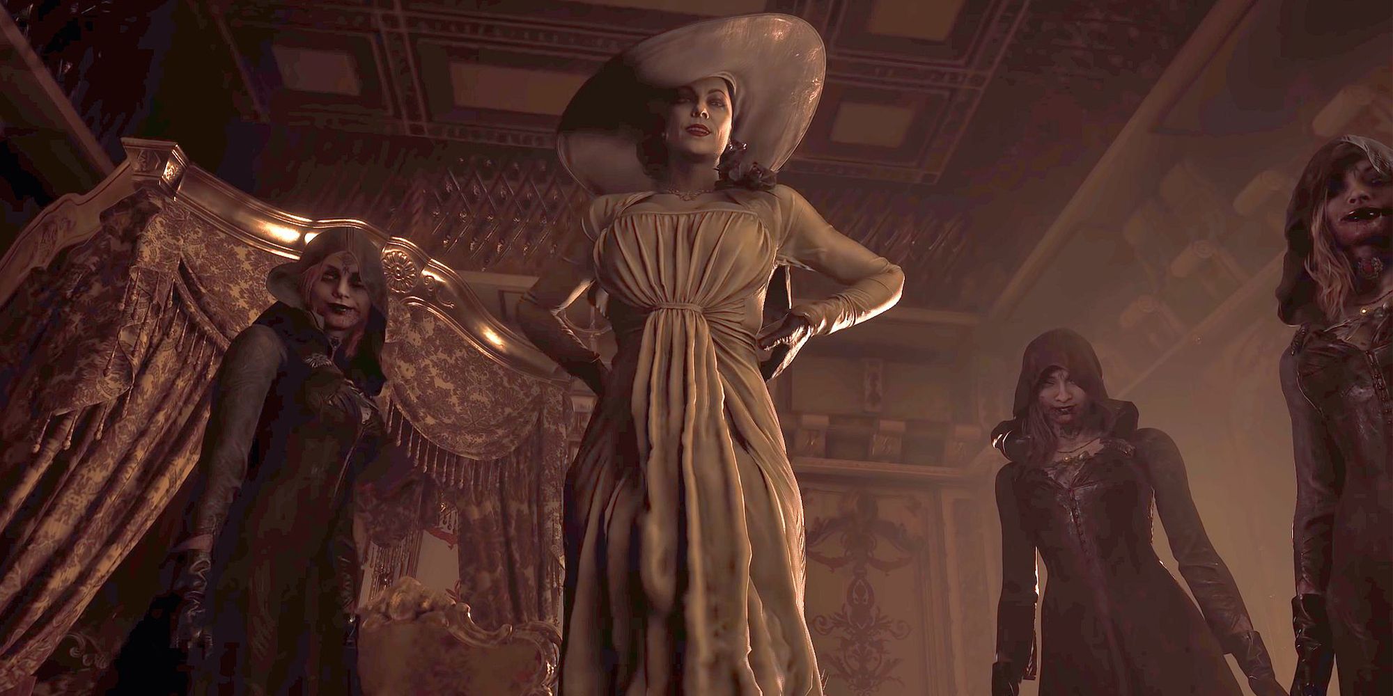 Lady Dimitrescu and her daughters standing over Ethan in Resident Evil Village