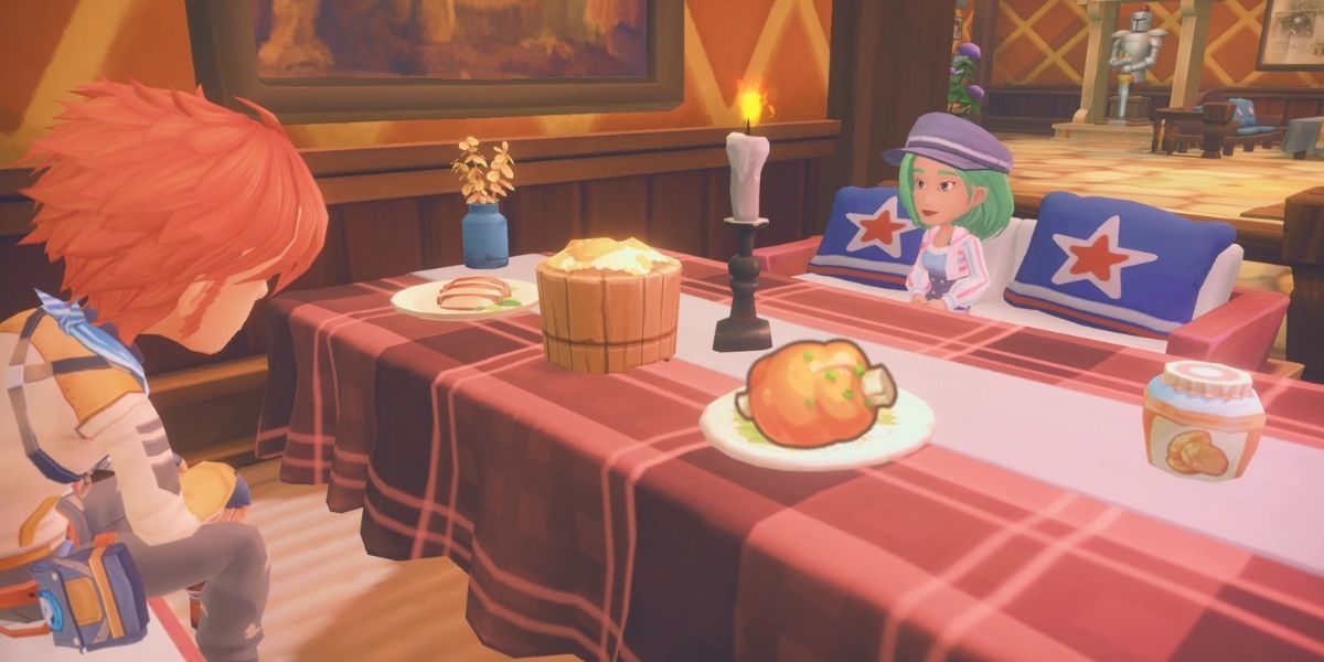 Characters eating roasted meat at dinner in My Time at Portia