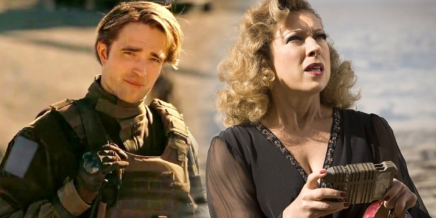Robert Pattinson as Neil in Tenet and Alex Kingston as River Song in Doctor Who
