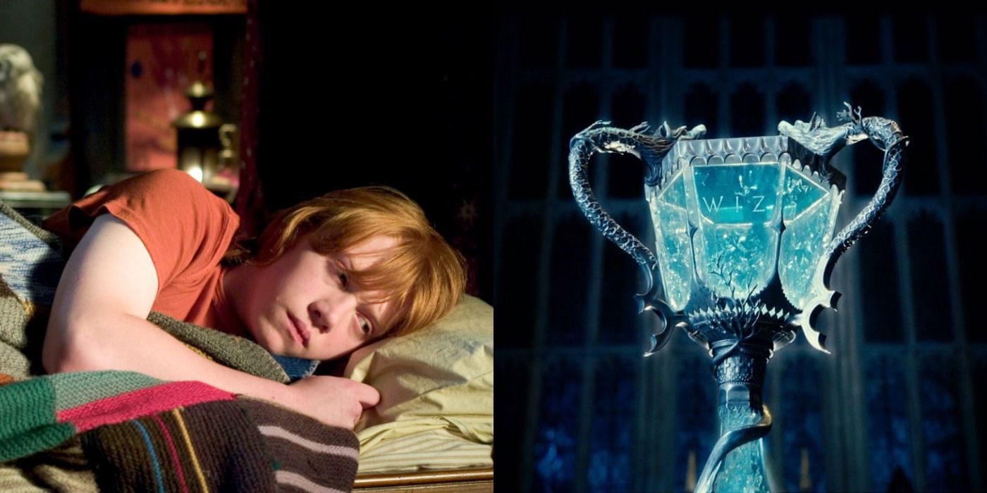 A split image of Ron Weasley and the Triwizard Cup in Harry Potter