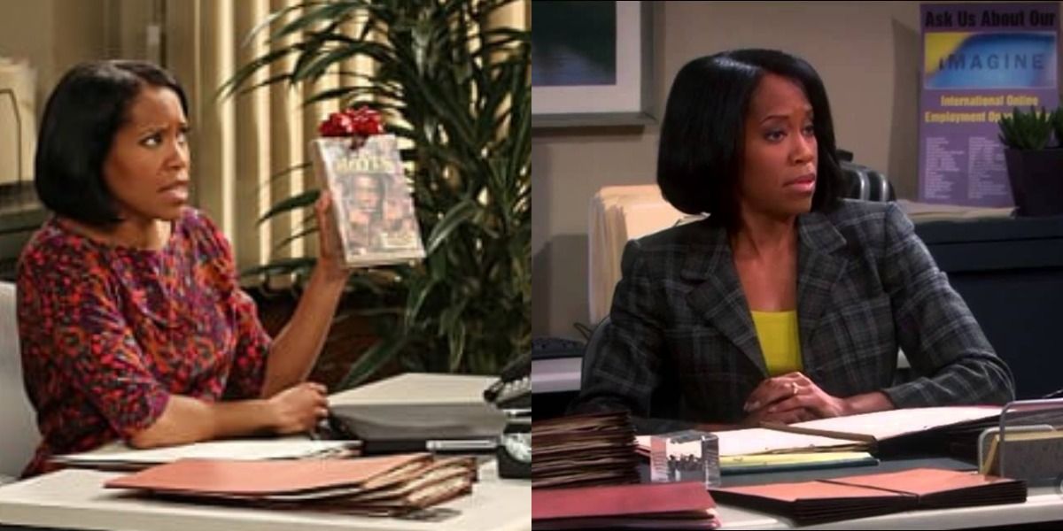 Two side by side images of Mrs. Davis in The Big Bang Theory, looking annoyed.