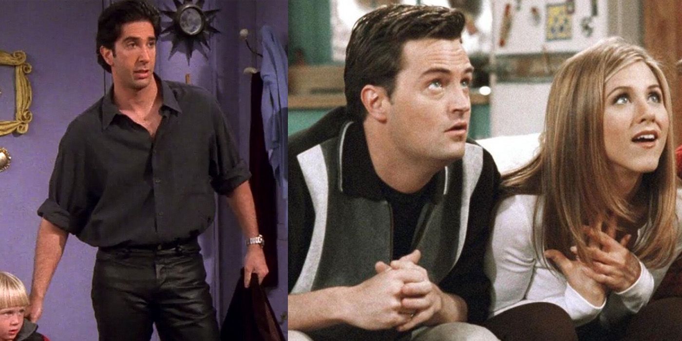 Ross in leather pants, Chandler and Rachel looking avid