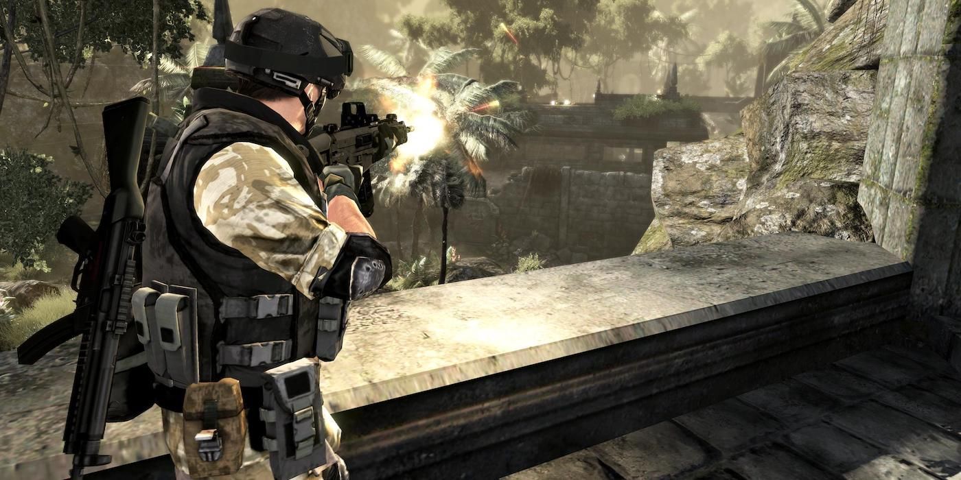 SOCOM gameplay featuring a soldier firing at an enemy in the distance.