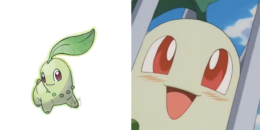 Two side by side images of Chikorita